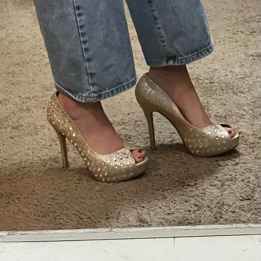 Camille La Vie Gold Studded Peep-Toe Heels